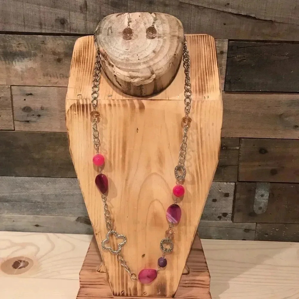 Agate long necklace set  ( handmade )